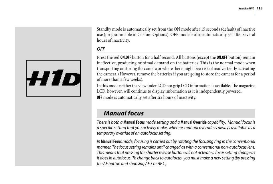 Manual focus | Hasselblad H1D User Manual | Page 113 / 184