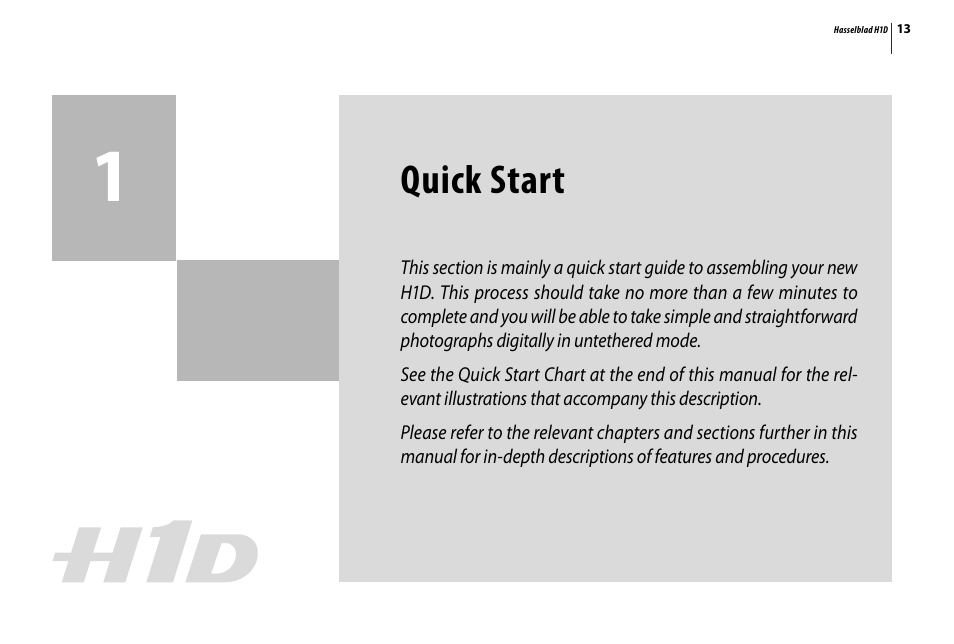 Quick start | Hasselblad H1D User Manual | Page 13 / 184