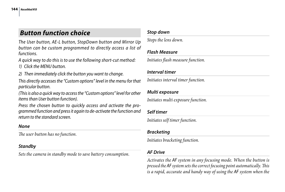 Button function choice | Hasselblad H1D User Manual | Page 144 / 184