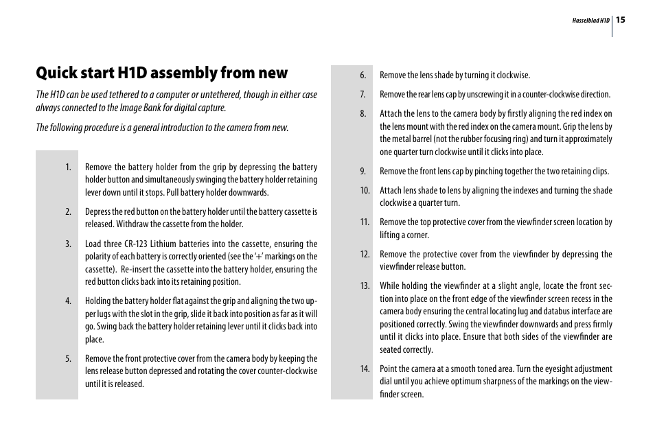 Quick start h1d assembly from new | Hasselblad H1D User Manual | Page 15 / 184