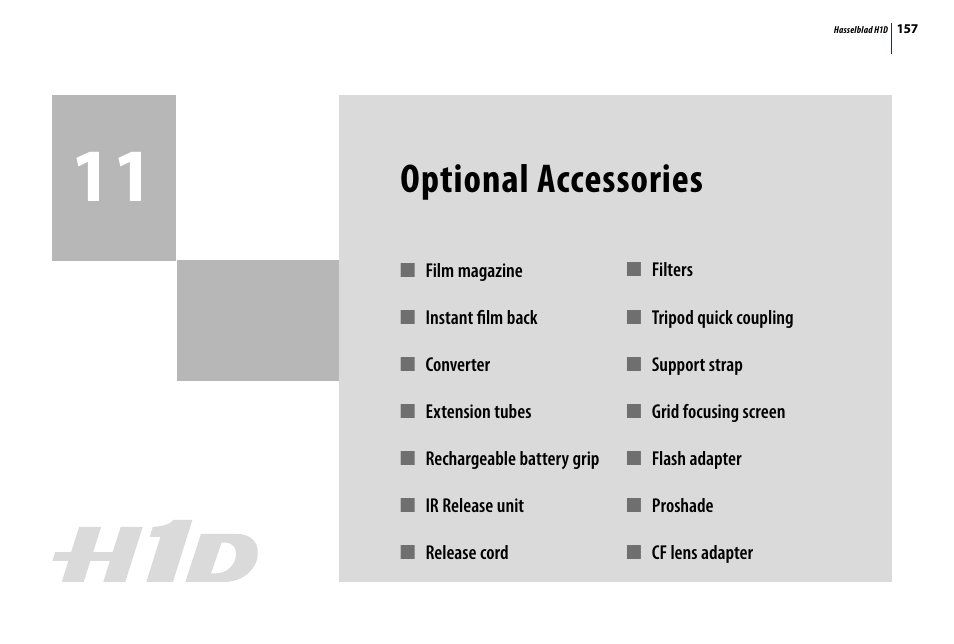 Optional accessories | Hasselblad H1D User Manual | Page 157 / 184