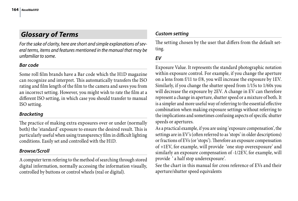 Glossary of terms | Hasselblad H1D User Manual | Page 164 / 184