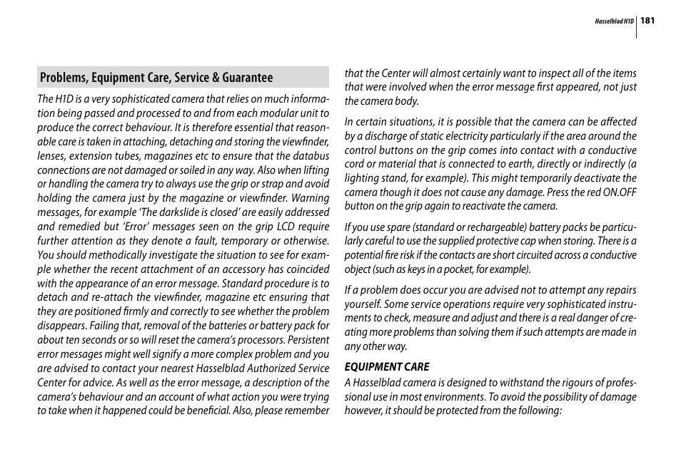 Problems, equipment care, service & guarantee | Hasselblad H1D User Manual | Page 181 / 184