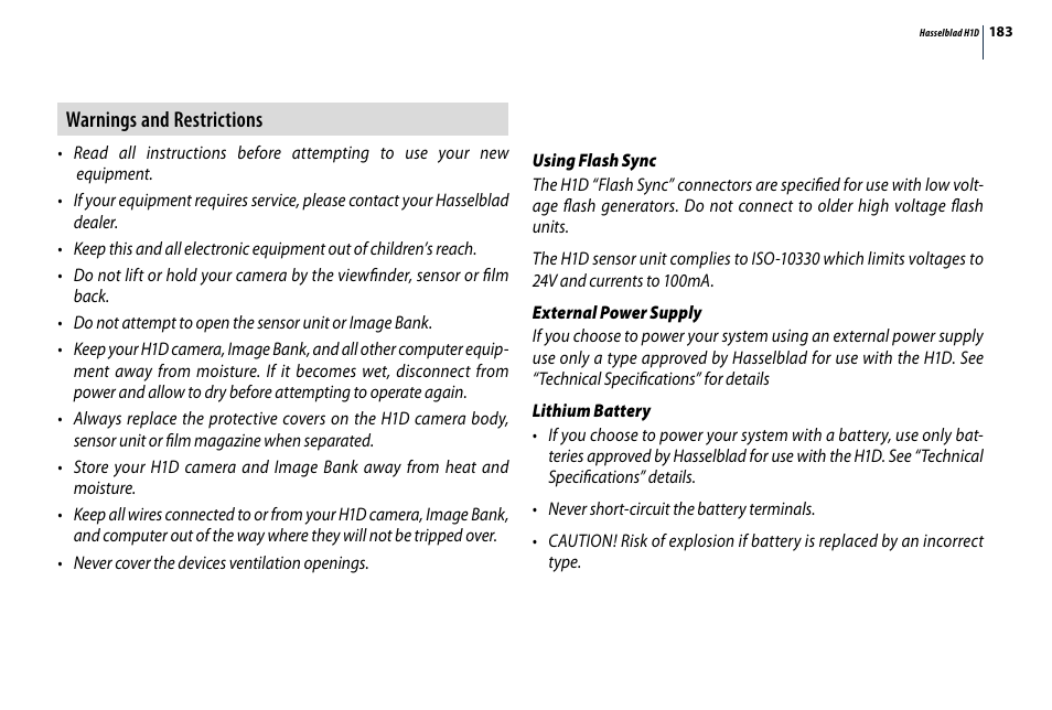 Warnings and restrictions | Hasselblad H1D User Manual | Page 183 / 184