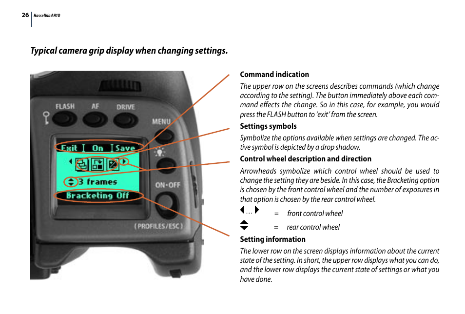 Typical camera grip display when changing settings | Hasselblad H1D User Manual | Page 26 / 184
