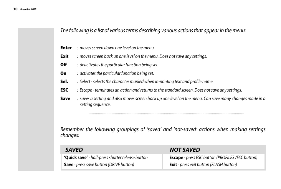 Saved not saved | Hasselblad H1D User Manual | Page 30 / 184