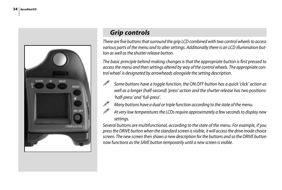 Grip controls | Hasselblad H1D User Manual | Page 34 / 184