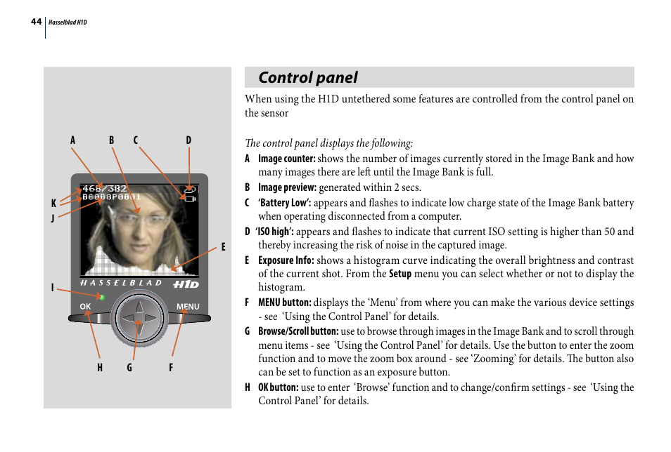 Control panel | Hasselblad H1D User Manual | Page 44 / 184