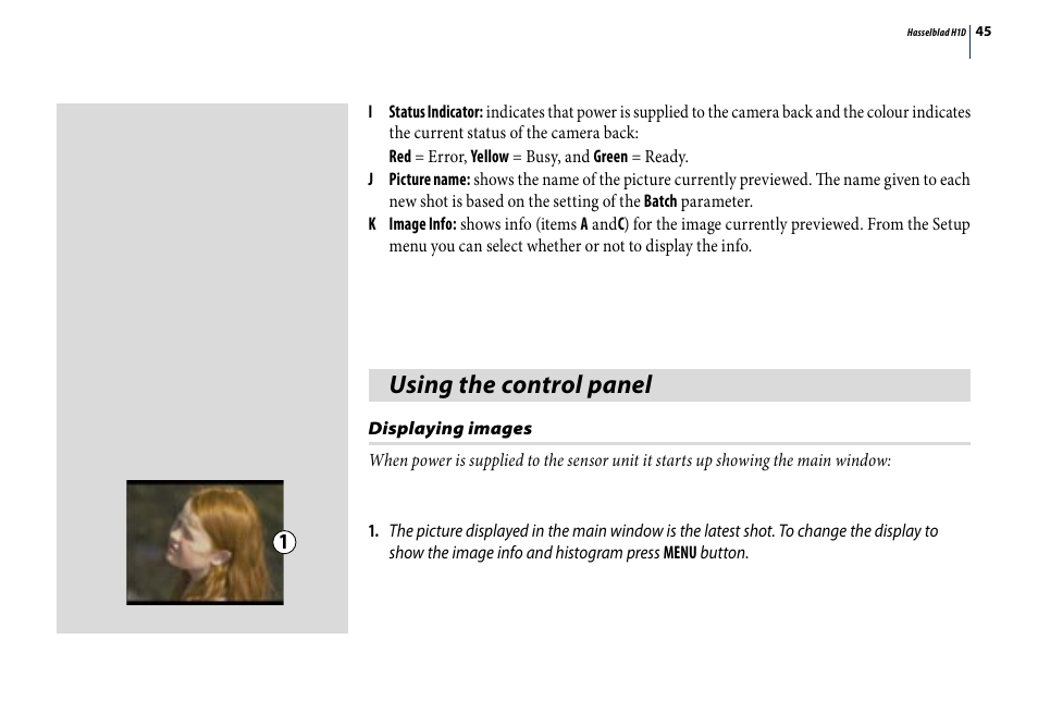 Using the control panel | Hasselblad H1D User Manual | Page 45 / 184
