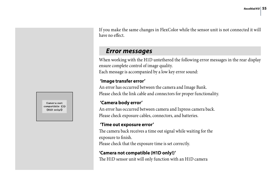 Error messages | Hasselblad H1D User Manual | Page 55 / 184