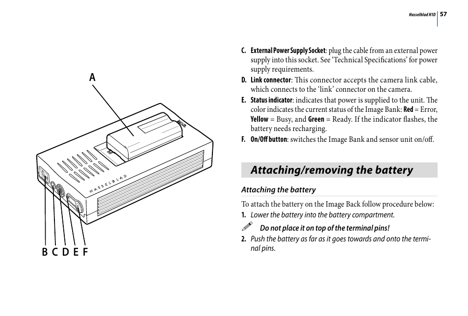 Attaching/removing the battery | Hasselblad H1D User Manual | Page 57 / 184