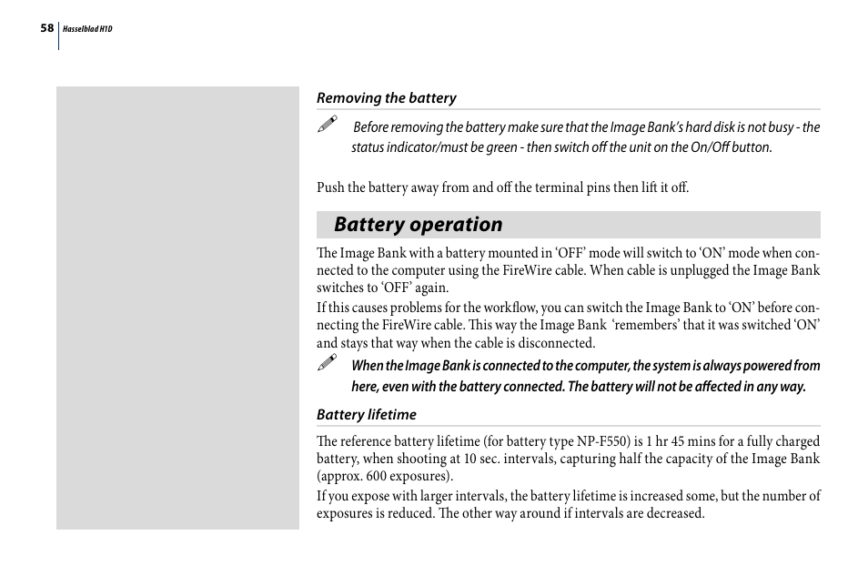 Battery operation | Hasselblad H1D User Manual | Page 58 / 184