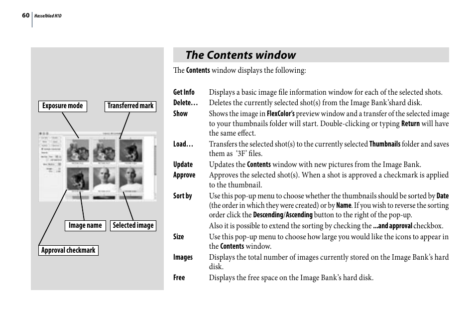 The contents window | Hasselblad H1D User Manual | Page 60 / 184