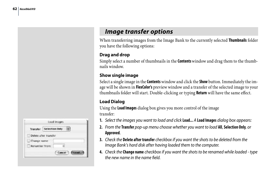 Image transfer options | Hasselblad H1D User Manual | Page 62 / 184