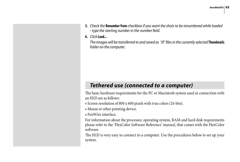 Tethered use (connected to a computer) | Hasselblad H1D User Manual | Page 63 / 184