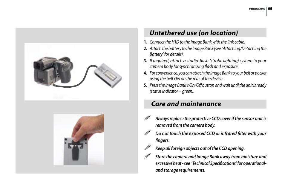 Untethered use (on location), Care and maintenance | Hasselblad H1D User Manual | Page 65 / 184