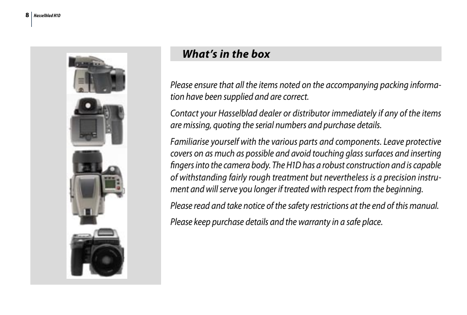 What’s in the box | Hasselblad H1D User Manual | Page 8 / 184