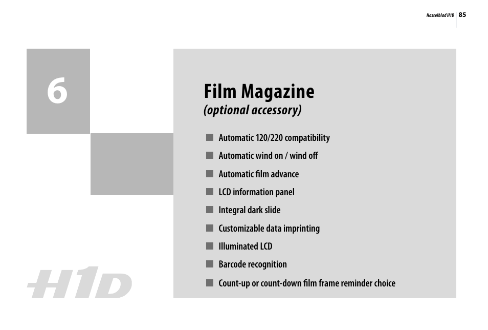 Film magazine, Optional accessory) | Hasselblad H1D User Manual | Page 85 / 184