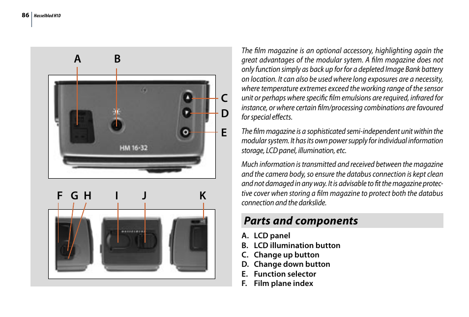 Parts and components | Hasselblad H1D User Manual | Page 86 / 184