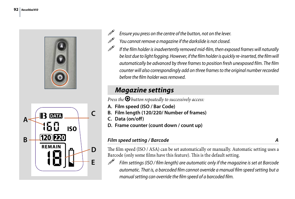 Ab c d e, Magazine settings | Hasselblad H1D User Manual | Page 92 / 184