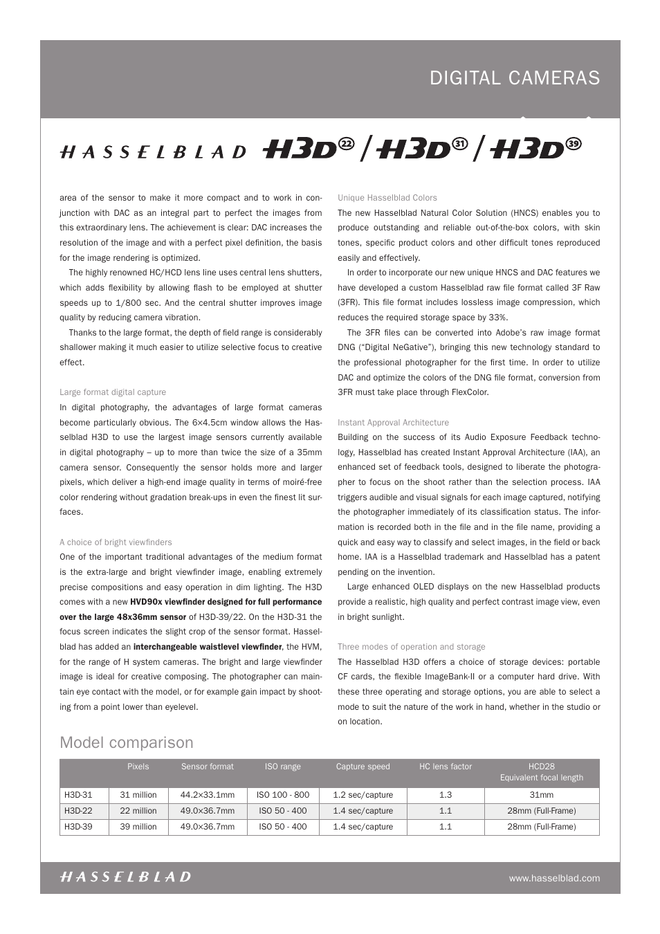 Digital cameras, Model comparison | Hasselblad H3D-39 User Manual | Page 2 / 6