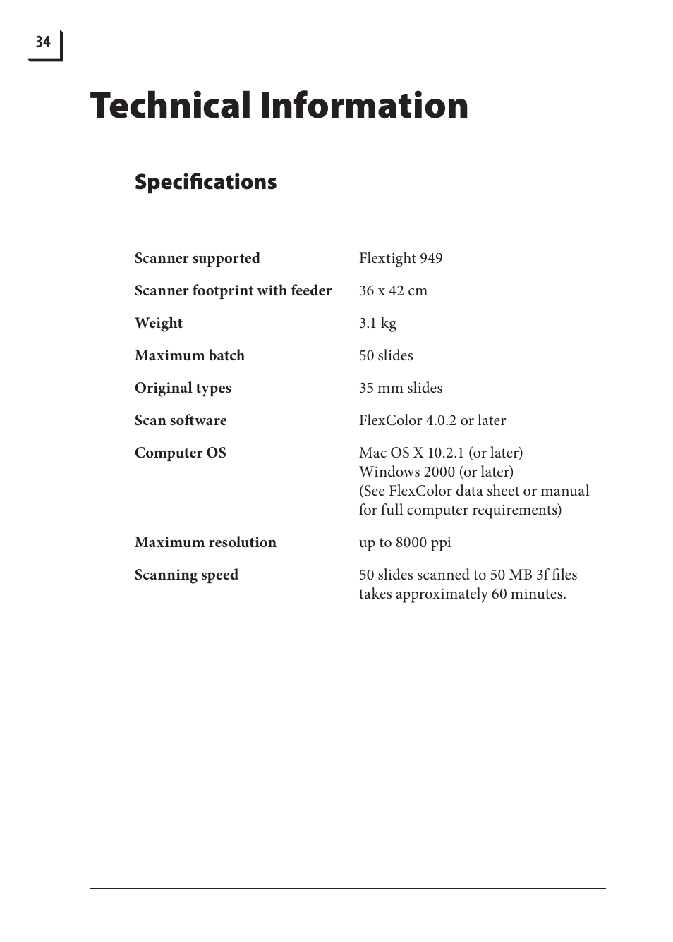 Technical information, Specifications | Hasselblad 949 User Manual | Page 34 / 36