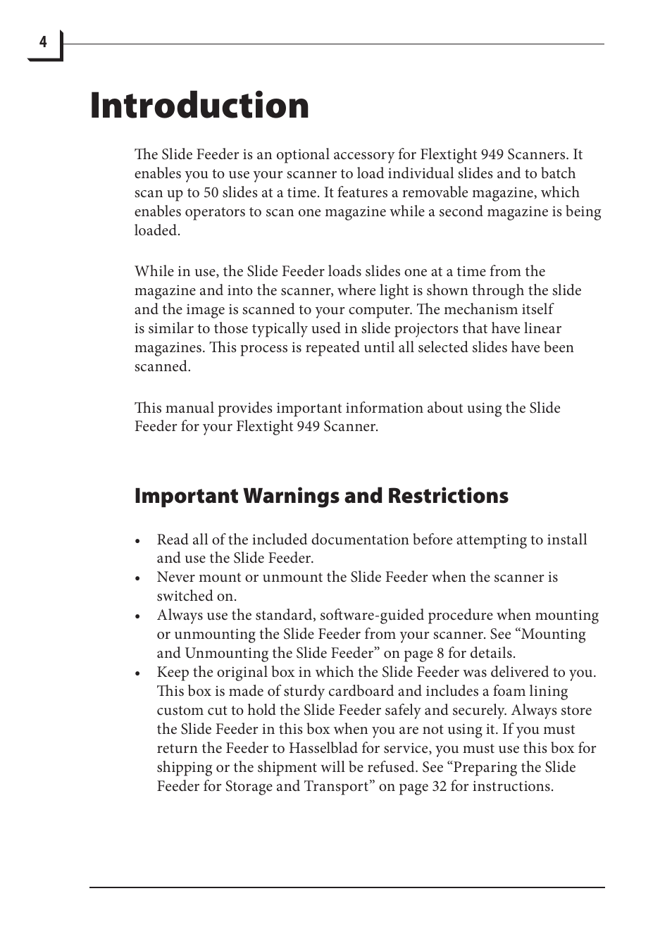 Introduction, Important warnings and restrictions | Hasselblad 949 User Manual | Page 4 / 36