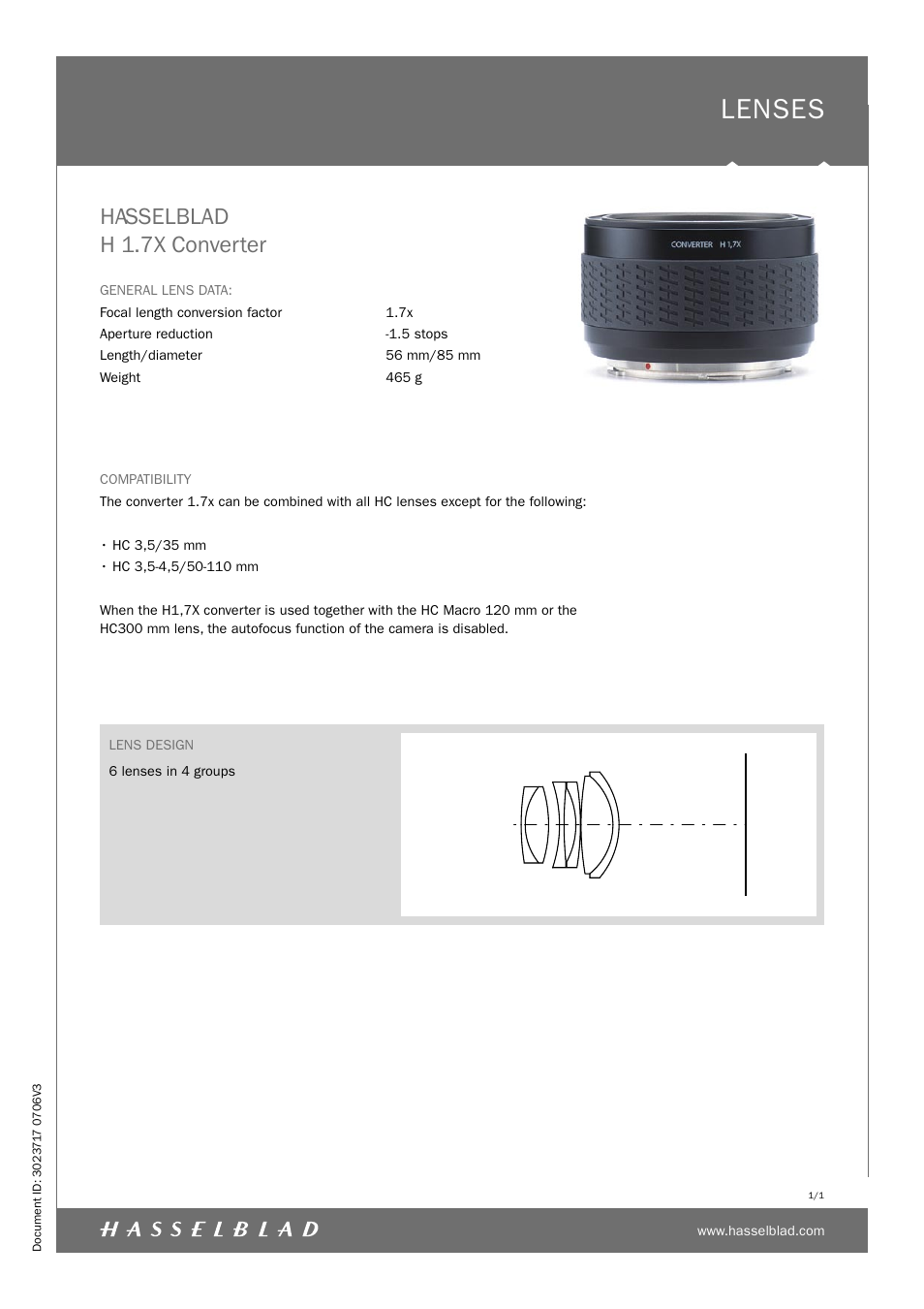 Hasselblad Converter H 1.7X User Manual | 1 page