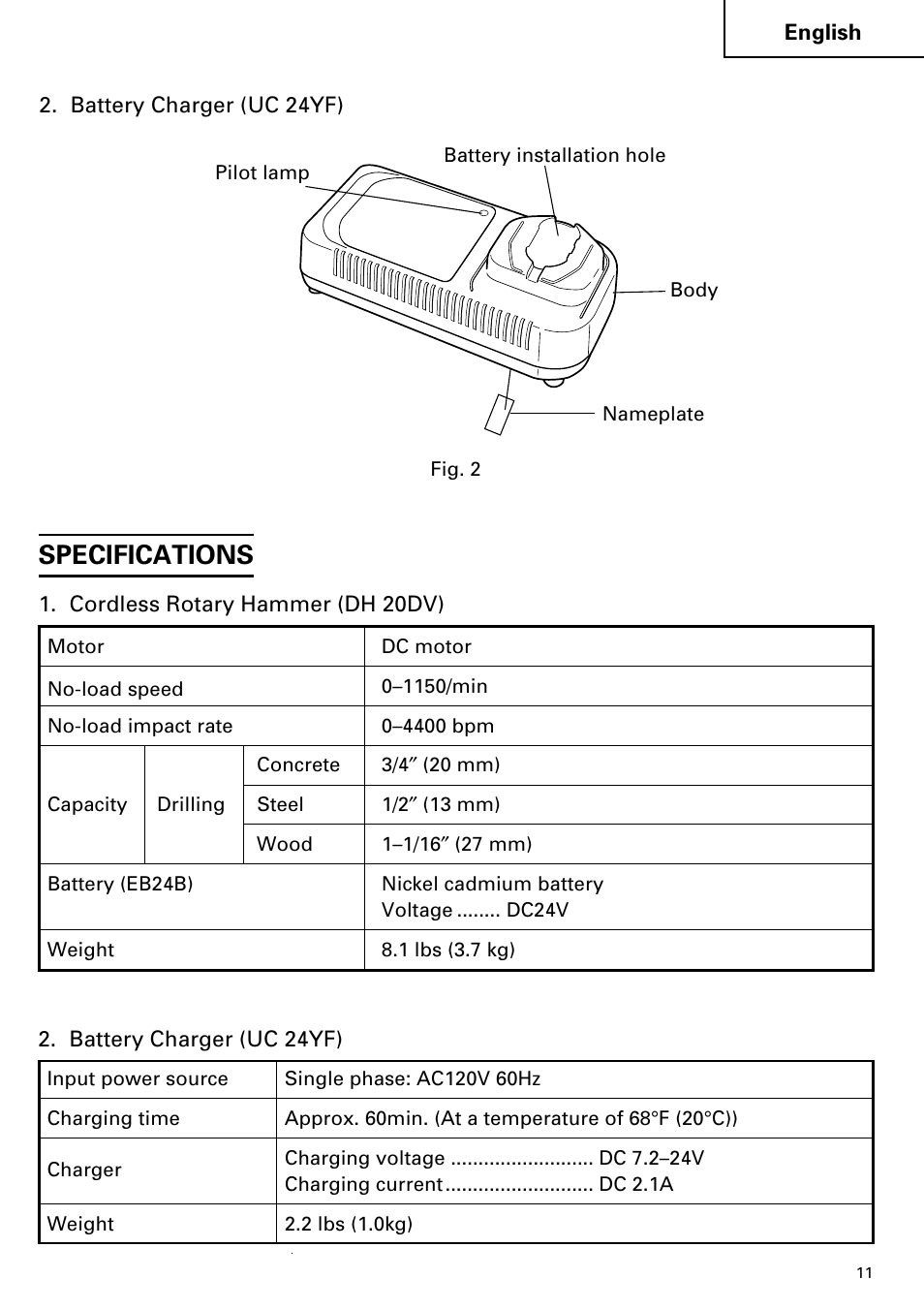 Specifications | Hitachi Koki USA cordless hammer User Manual | Page 11 / 80