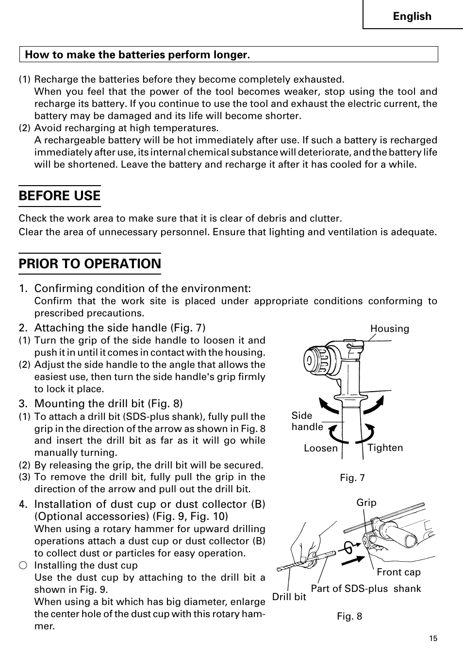 Before use, Prior to operation | Hitachi Koki USA cordless hammer User Manual | Page 15 / 80