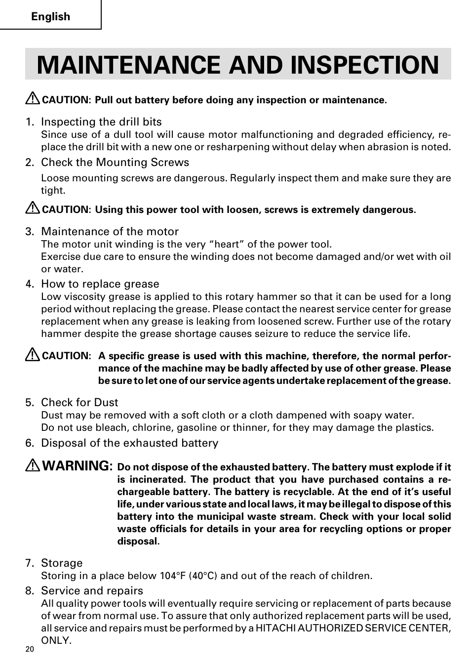 Maintenance and inspection, Warning | Hitachi Koki USA cordless hammer User Manual | Page 20 / 80