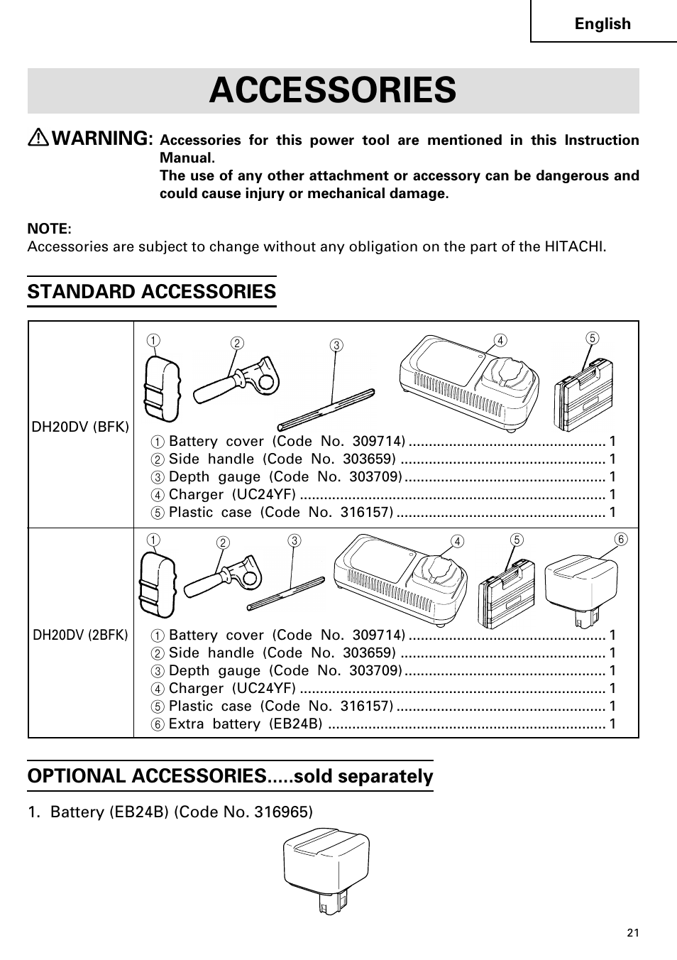 Accessories, Warning | Hitachi Koki USA cordless hammer User Manual | Page 21 / 80