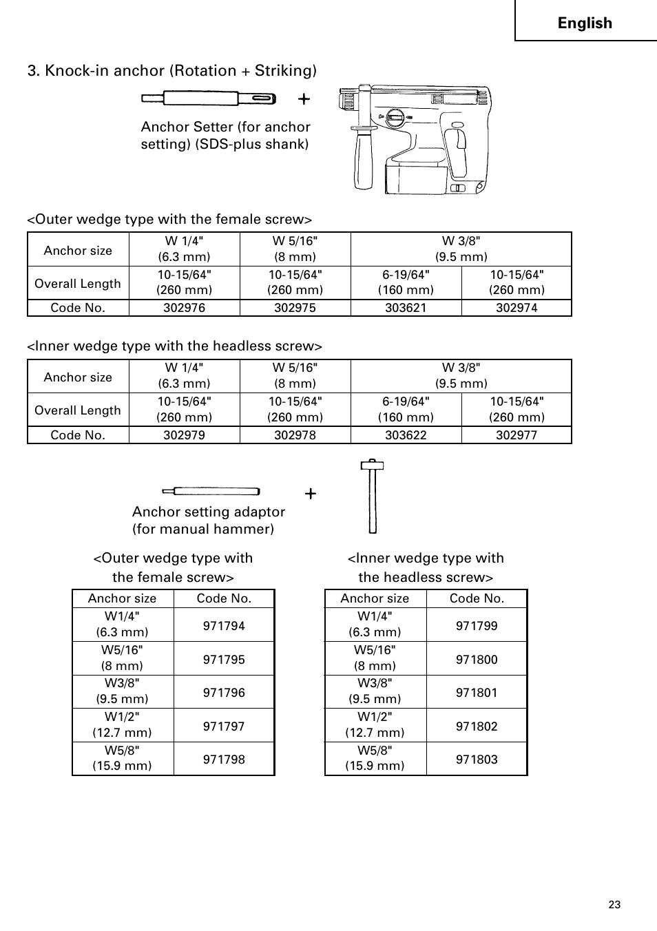 English, Knock-in anchor (rotation + striking) | Hitachi Koki USA cordless hammer User Manual | Page 23 / 80