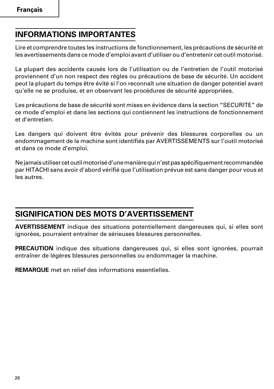 Informations importantes, Signification des mots d’avertissement | Hitachi Koki USA cordless hammer User Manual | Page 26 / 80