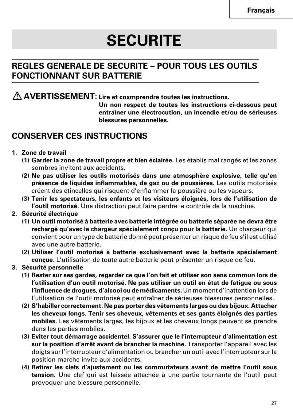 Securite, Conserver ces instructions | Hitachi Koki USA cordless hammer User Manual | Page 27 / 80