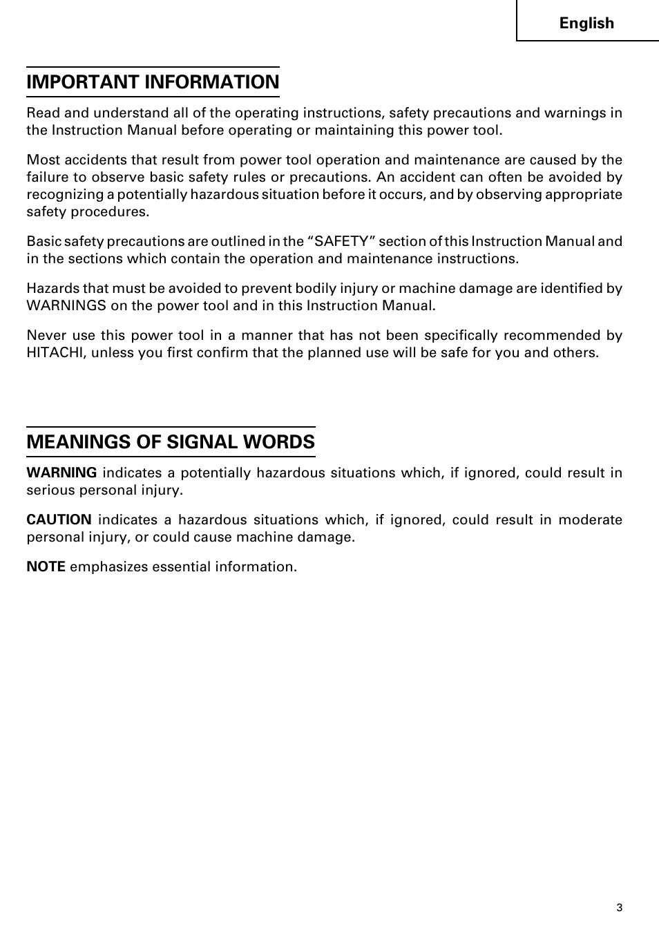 Important information, Meanings of signal words | Hitachi Koki USA cordless hammer User Manual | Page 3 / 80