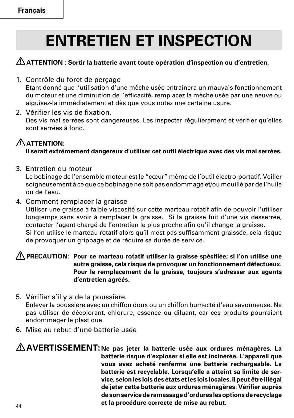 Entretien et inspection, Avertissement | Hitachi Koki USA cordless hammer User Manual | Page 44 / 80