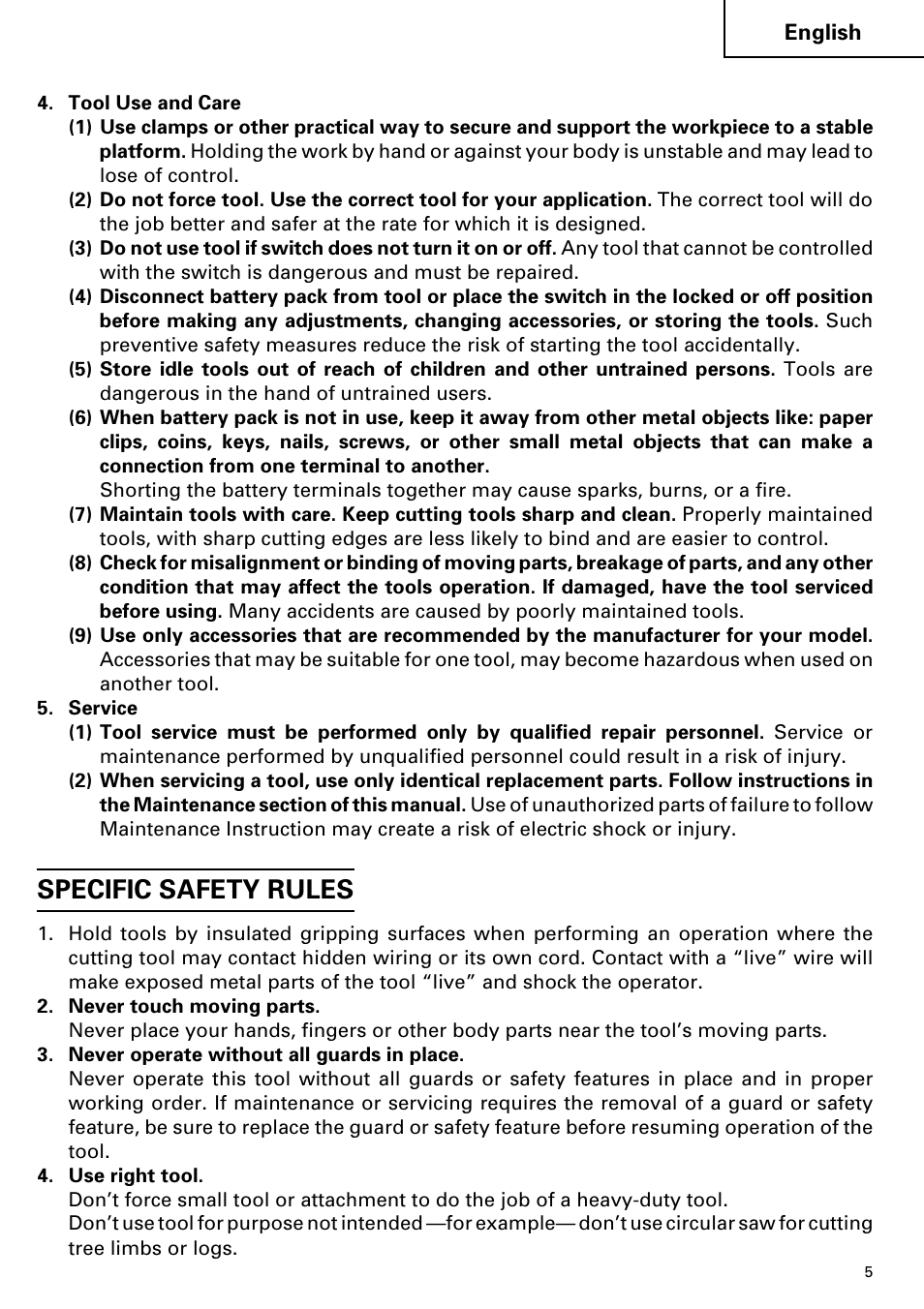 Specific safety rules | Hitachi Koki USA cordless hammer User Manual | Page 5 / 80