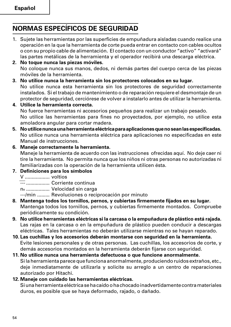 Normas específicos de seguridad | Hitachi Koki USA cordless hammer User Manual | Page 54 / 80