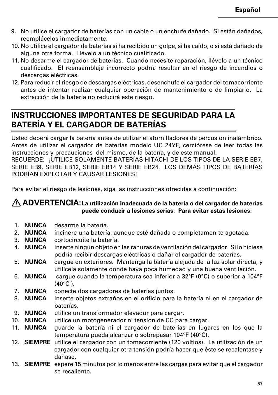 Advertencia | Hitachi Koki USA cordless hammer User Manual | Page 57 / 80