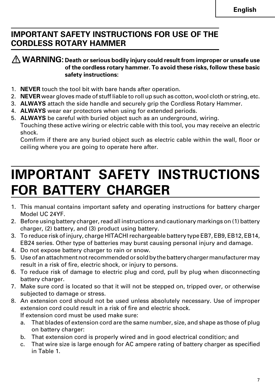 Important safety instructions for battery charger | Hitachi Koki USA cordless hammer User Manual | Page 7 / 80