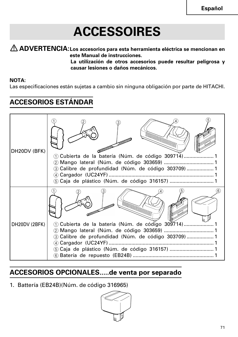 Accessoires, Advertencia | Hitachi Koki USA cordless hammer User Manual | Page 71 / 80