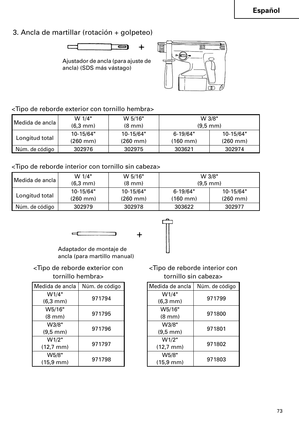Español, Ancla de martillar (rotación + golpeteo) | Hitachi Koki USA cordless hammer User Manual | Page 73 / 80