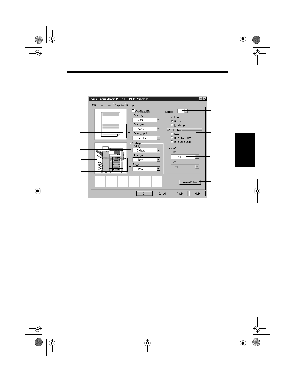 Paper property sheet, "paper" property sheet, Functions of the "paper" property sheet | Hitachi Koki USA Hi-35pc User Manual | Page 73 / 190