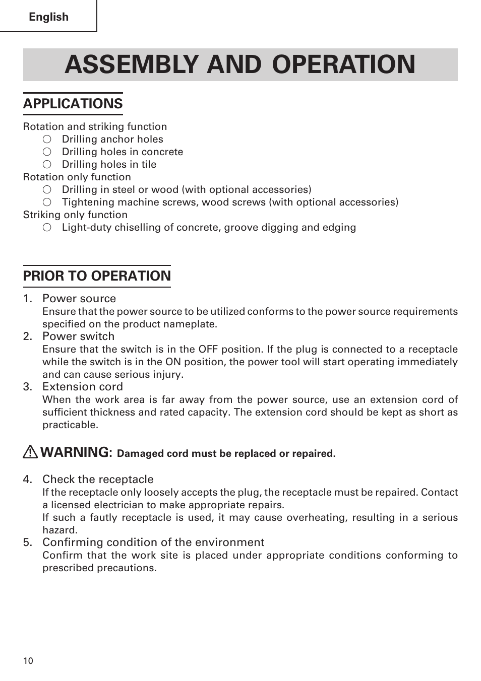 Assembly and operation, Applications, Prior to operation | Warning | Hitachi Koki USA DH 24PE User Manual | Page 10 / 72