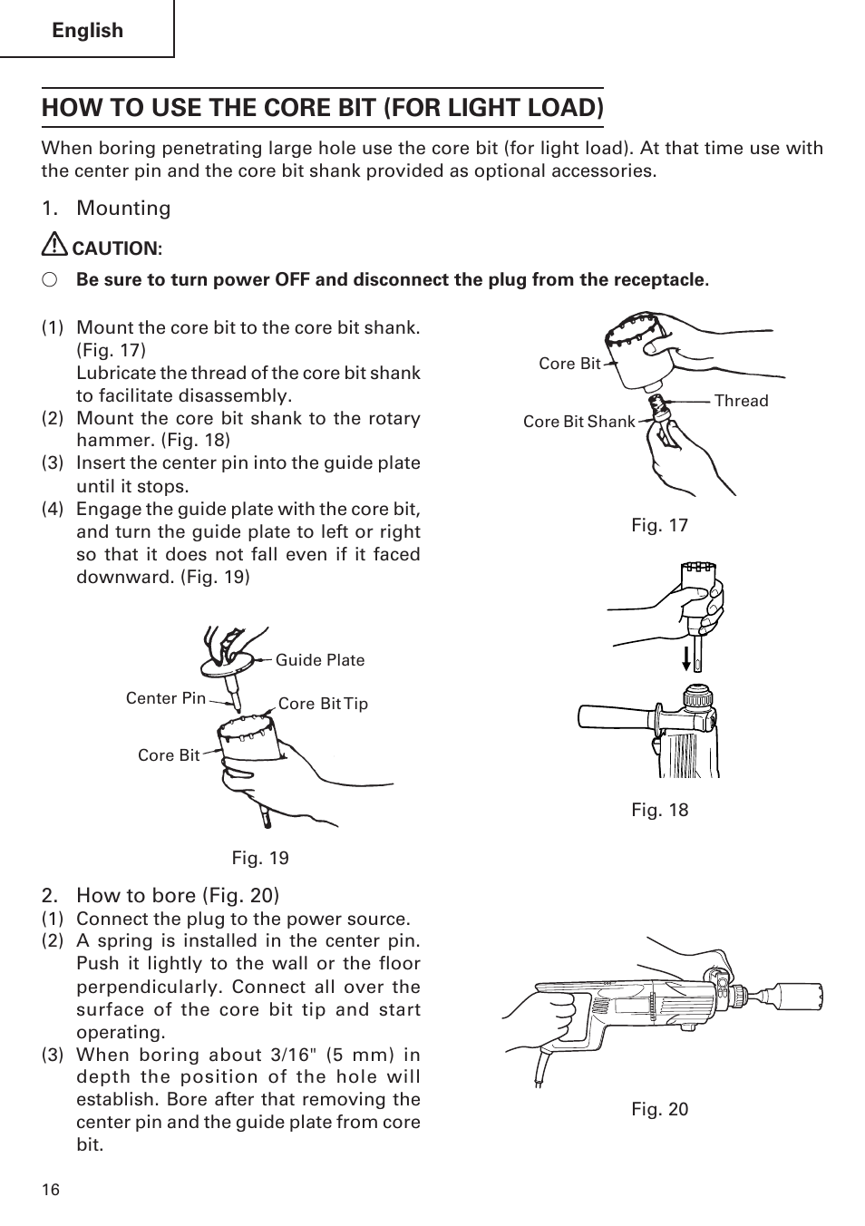 How to use the core bit (for light load) | Hitachi Koki USA DH 24PE User Manual | Page 16 / 72