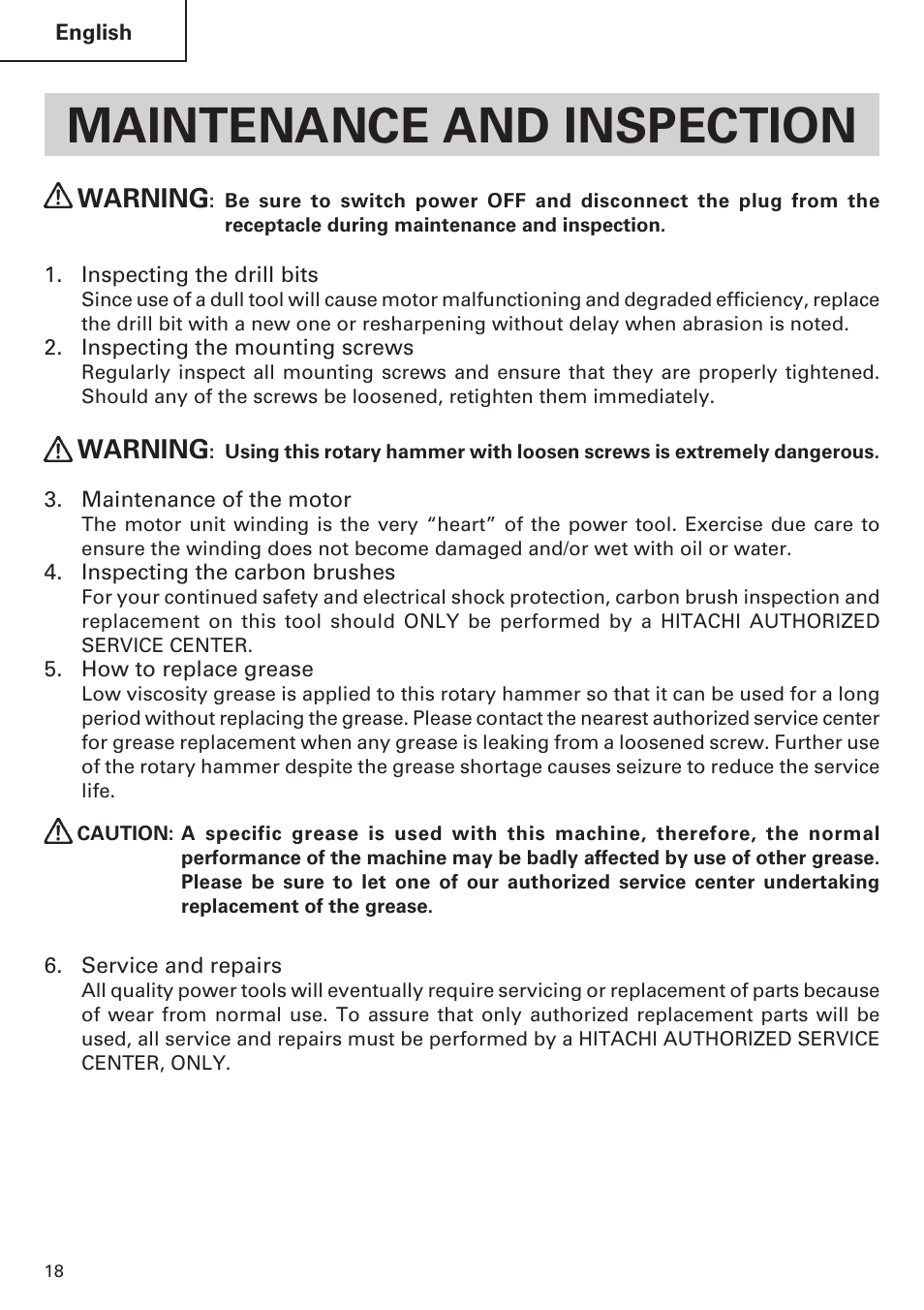 Maintenance and inspection, Warning | Hitachi Koki USA DH 24PE User Manual | Page 18 / 72