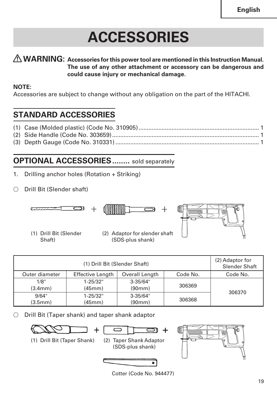 Accessories, Warning, Standard accessories | Optional accessories | Hitachi Koki USA DH 24PE User Manual | Page 19 / 72