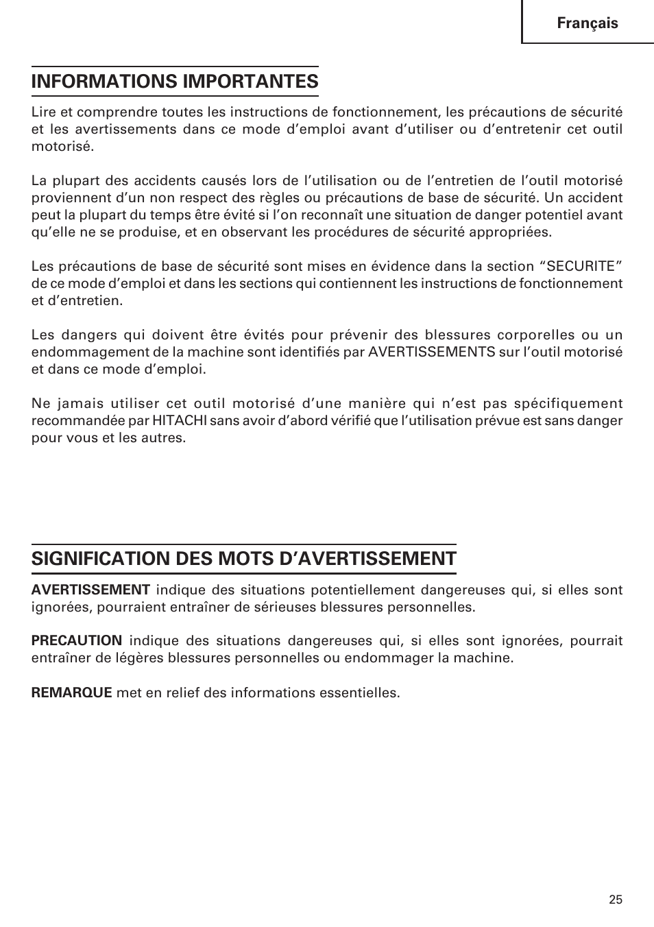 Informations importantes, Signification des mots d’avertissement | Hitachi Koki USA DH 24PE User Manual | Page 25 / 72