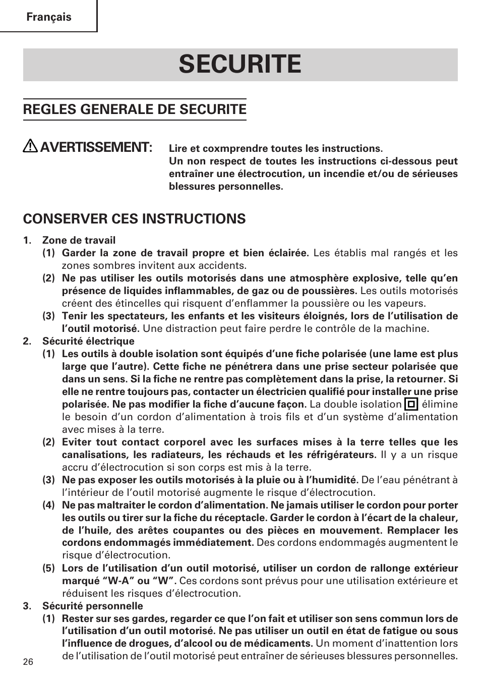 Securite, Regles generale de securite avertissement, Conserver ces instructions | Hitachi Koki USA DH 24PE User Manual | Page 26 / 72